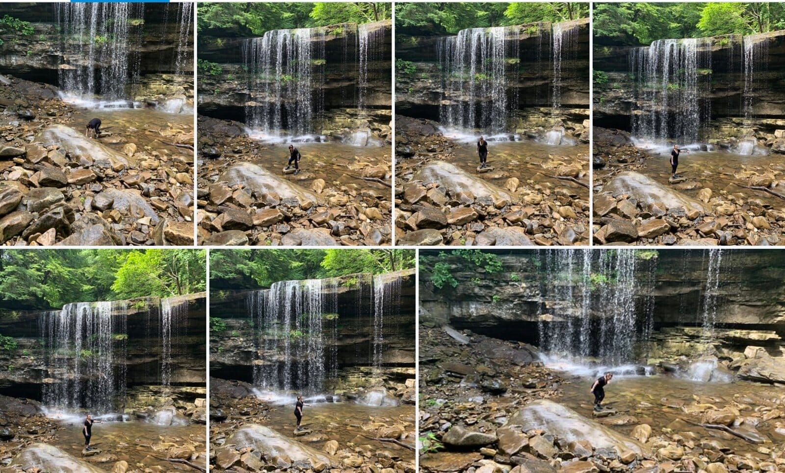 Photo collage of Meredith playing in the waterfall.