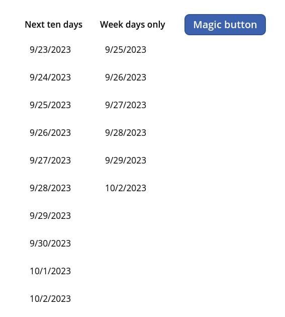 Screenshot of a Power Apps gallery showing ten dates in a row.