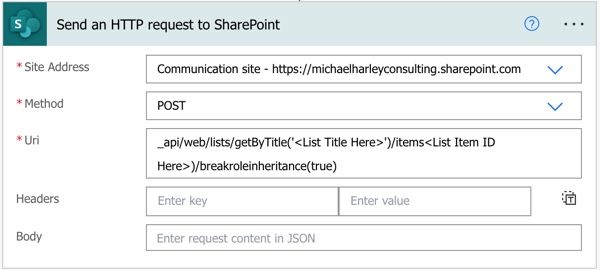 Screen shot of Power Automate HTTP function.