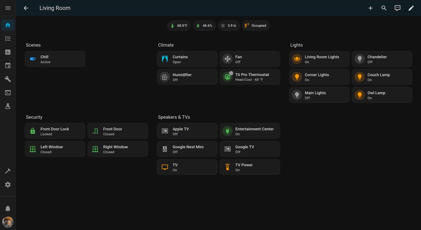 Living room dashboard showing scene control, curtain and fan and thermostat climate controls, six light switches, front door lock and contact sensors, window sensors, and media device controls for Apple TV, entertainment center, Google speakers, and TV