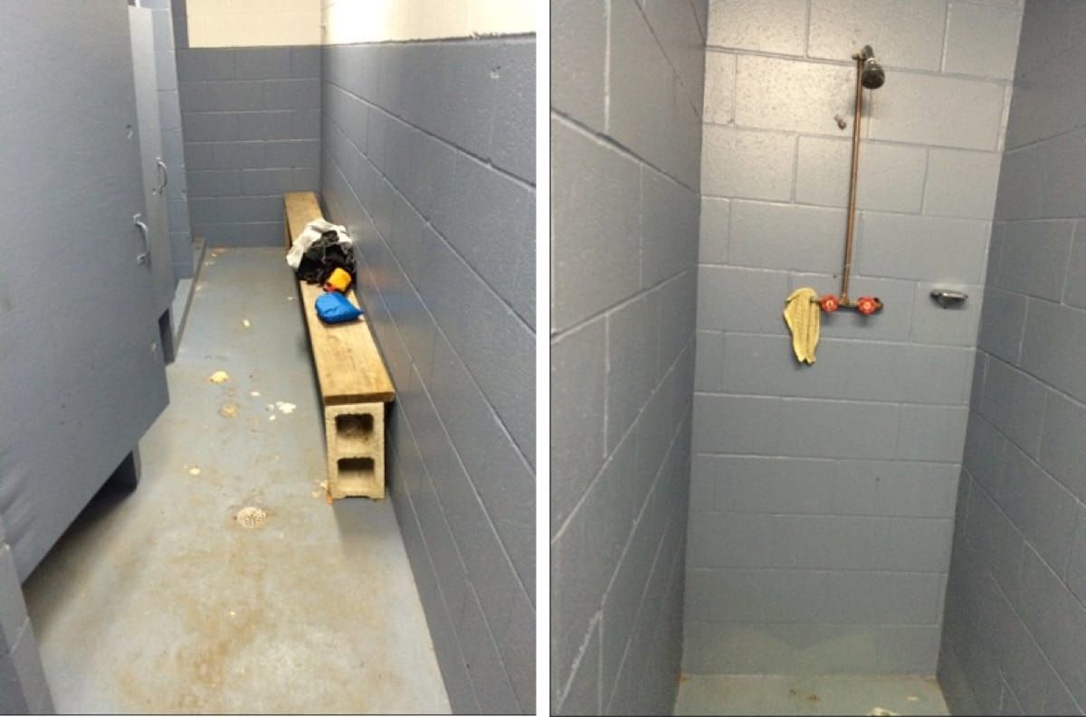 Two photo collage of a dirty shower room and shower.
