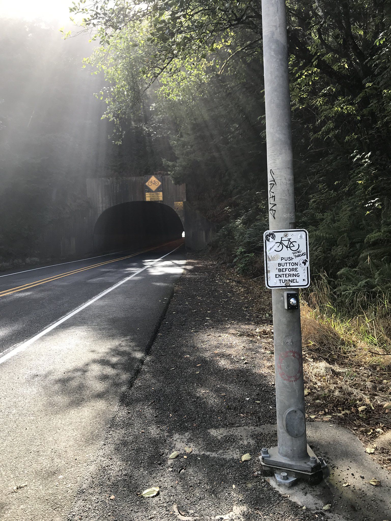 Photo of tunnel enterance from the side of the road. Small sign says to push button before entering.