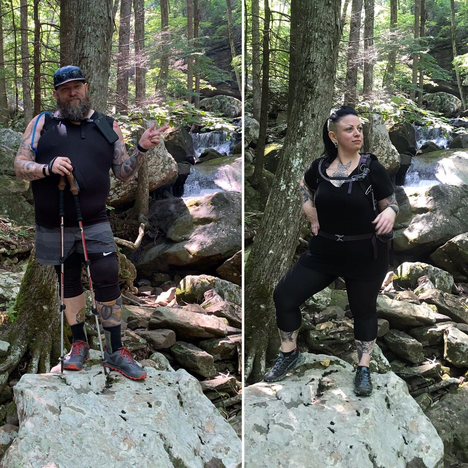 A two photo collage of Mike and Meredith from the same spot. Meredith is striking a pose.