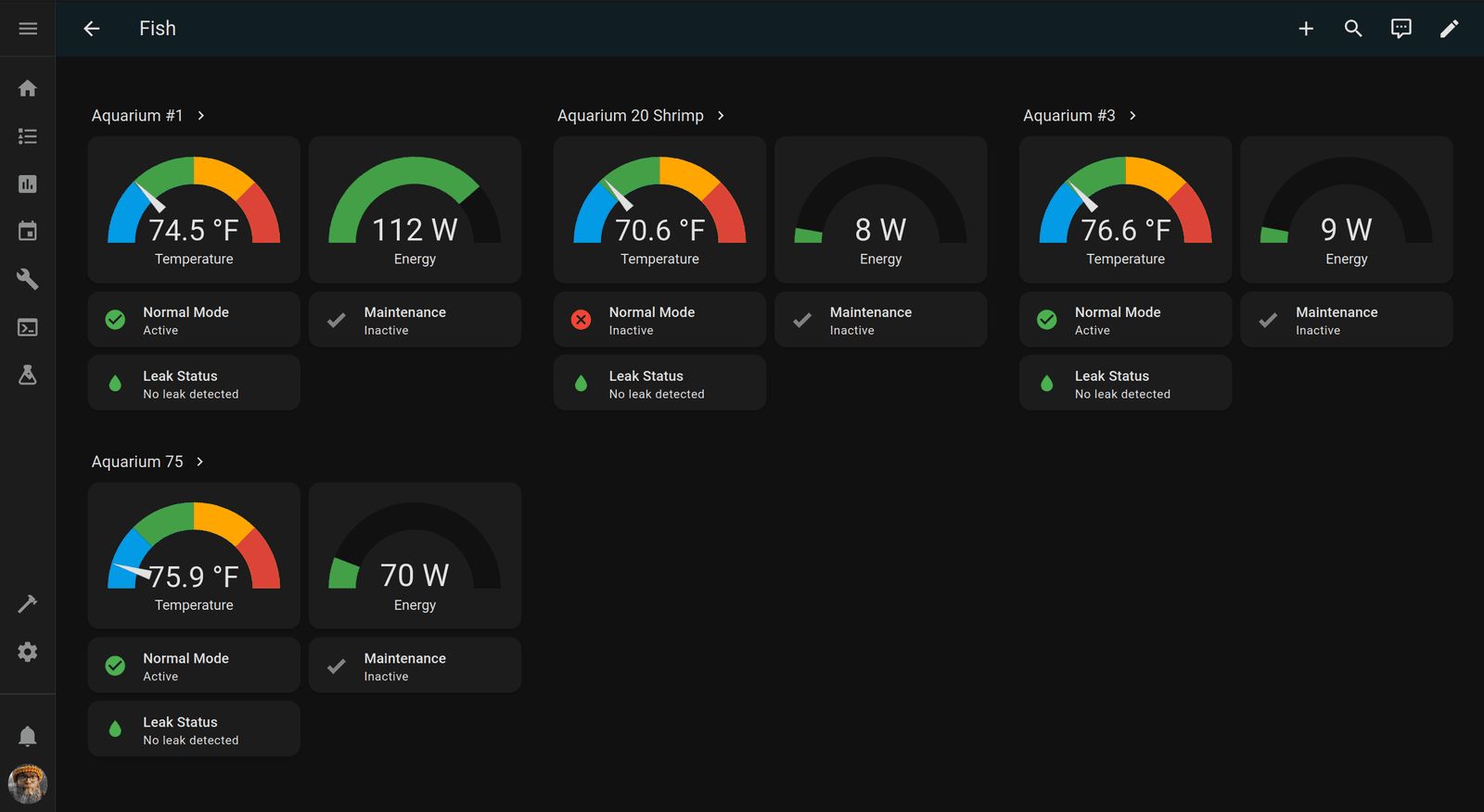 Fish dashboard overview showing four aquariums with temperature gauges, energy usage, normal mode and maintenance toggles, and leak detection status