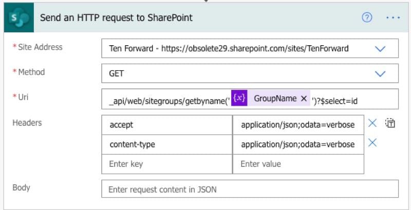 Screenshot of a Send an HTTP request to SharePoint action in the Power Automate console.