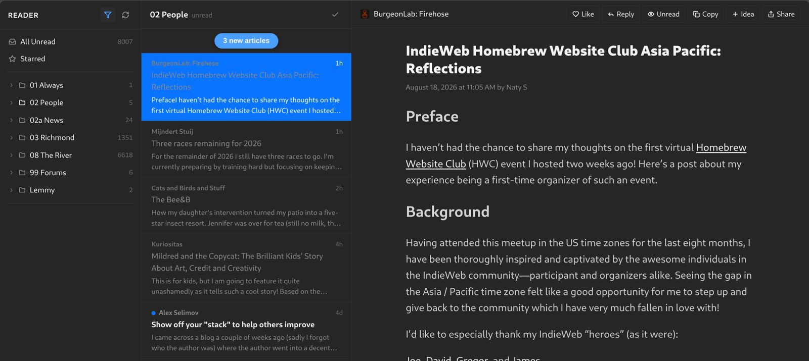A reader interface showing an article titled 'IndieWeb Homebrew Website Club Asia Pacific: Reflections' posted by Naty S on August 18, 2026. The left sidebar displays a feed of unread articles from various categories, while the main panel shows the article's preface and background sections discussing the author's experience hosting a virtual Homebrew Website Club event.