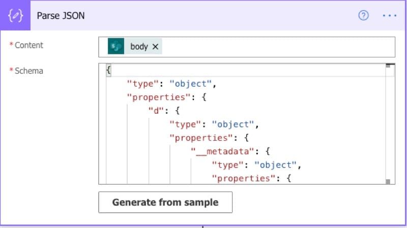 Screenshot of the Parse JSON action in the Power Automate console.
