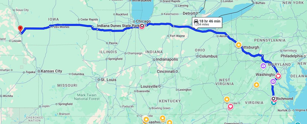 Google maps screenshot of the route form Richmond VA to Omaha NE.