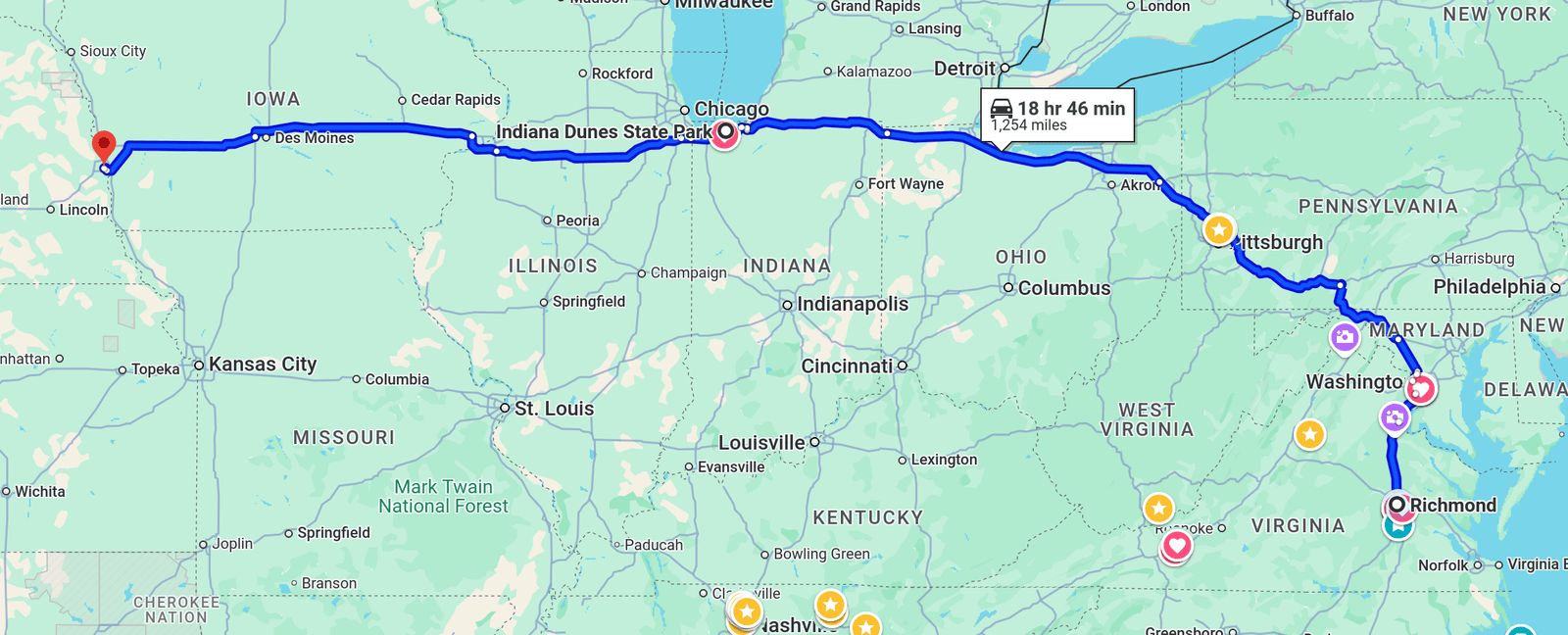 Google maps screenshot of the route form Richmond VA to Omaha NE.