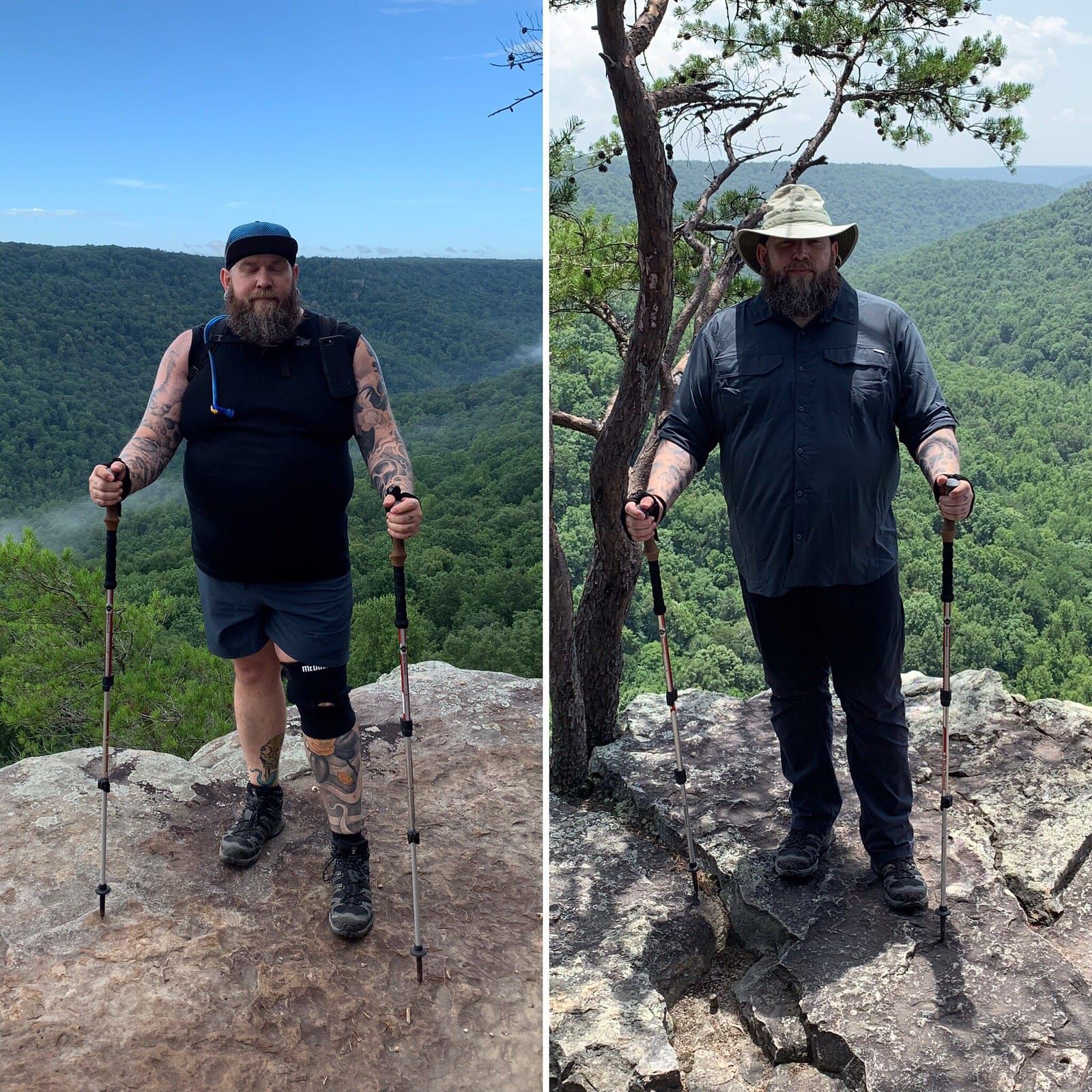Photo collage of Mike from two previous hikes. On the left Mike is wearing shorts a running cap and a sleevless shirt. On the right wearing a buttdown sun shirt, tilly hat and pants.