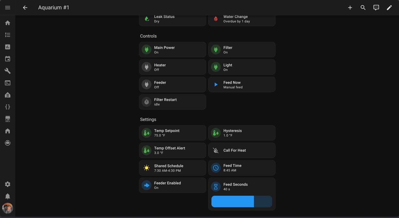 Dashboard for Aquarium #1 showing status alerts including a dry leak and overdue water change, with controls for main power, filter, heater, light, and feeder, along with settings for temperature setpoint (75.0°F), feed schedule (8:45 AM), and other aquarium parameters.