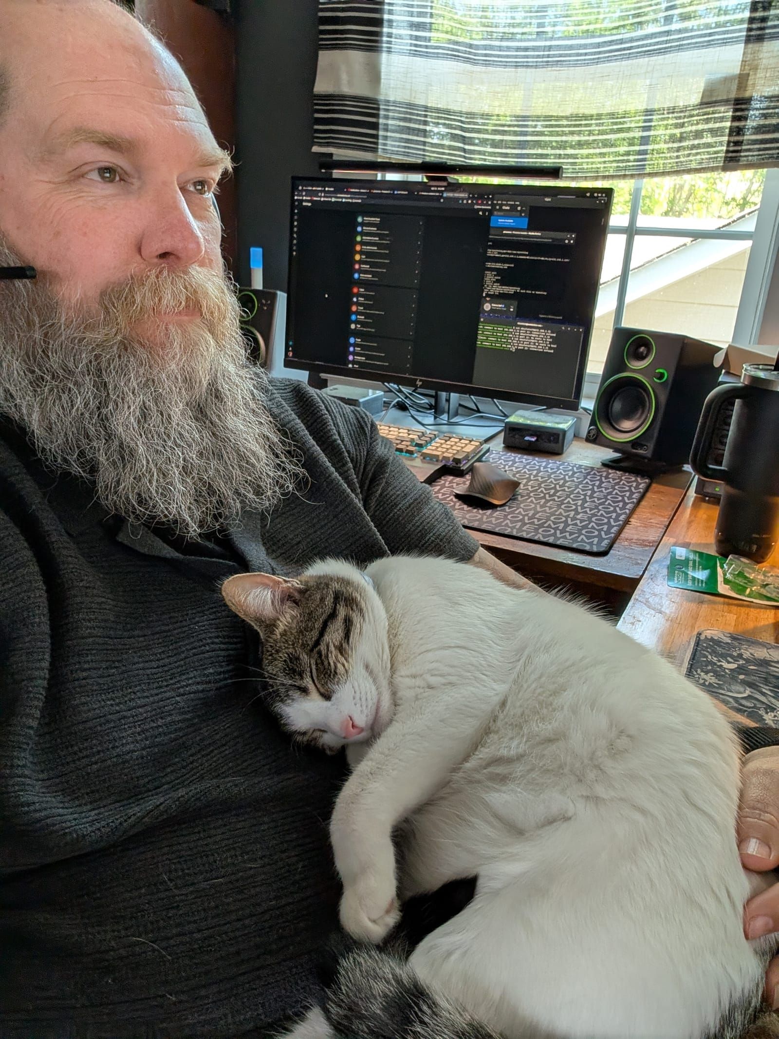 A bearded man with a full grey beard sits at a desk with a white and tabby cat resting on his lap. Behind him is a computer monitor displaying code, professional speakers, and a window with striped blinds showing outdoor scenery.