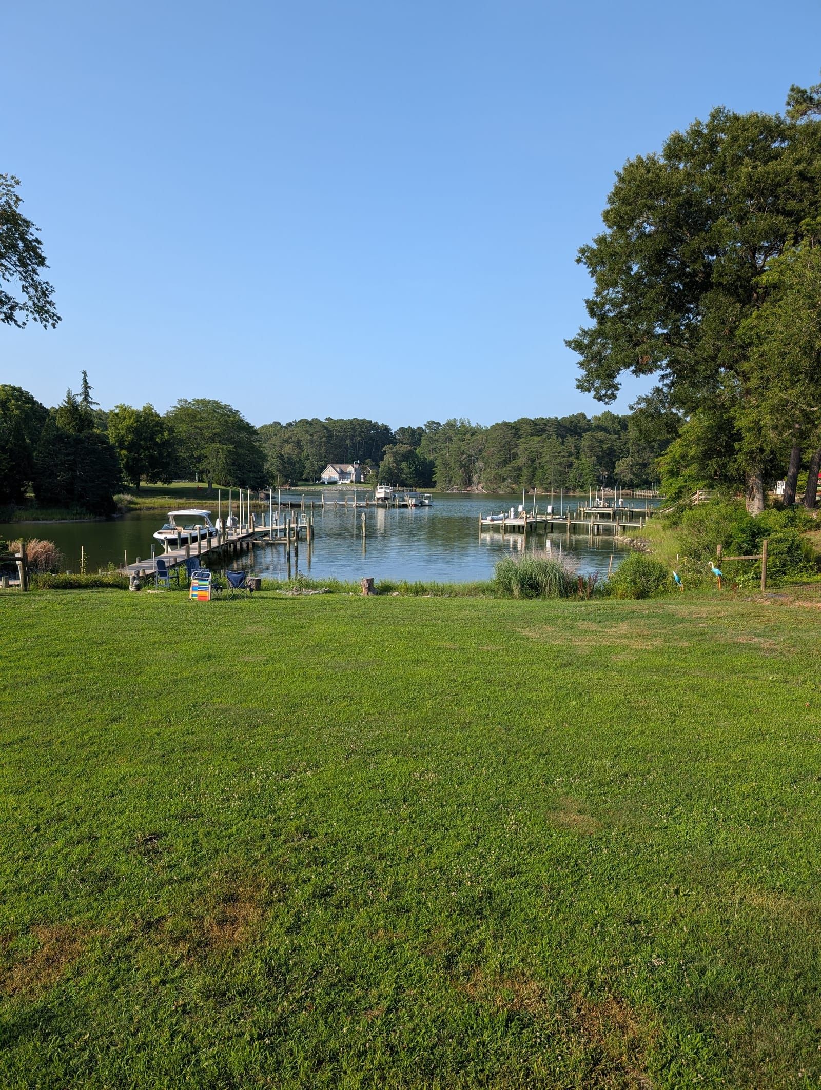 A waterfront scene with a grassy lawn in the foreground leading to a calm bay dotted with boats and wooden docks, surrounded by dense green trees and a clear blue sky.