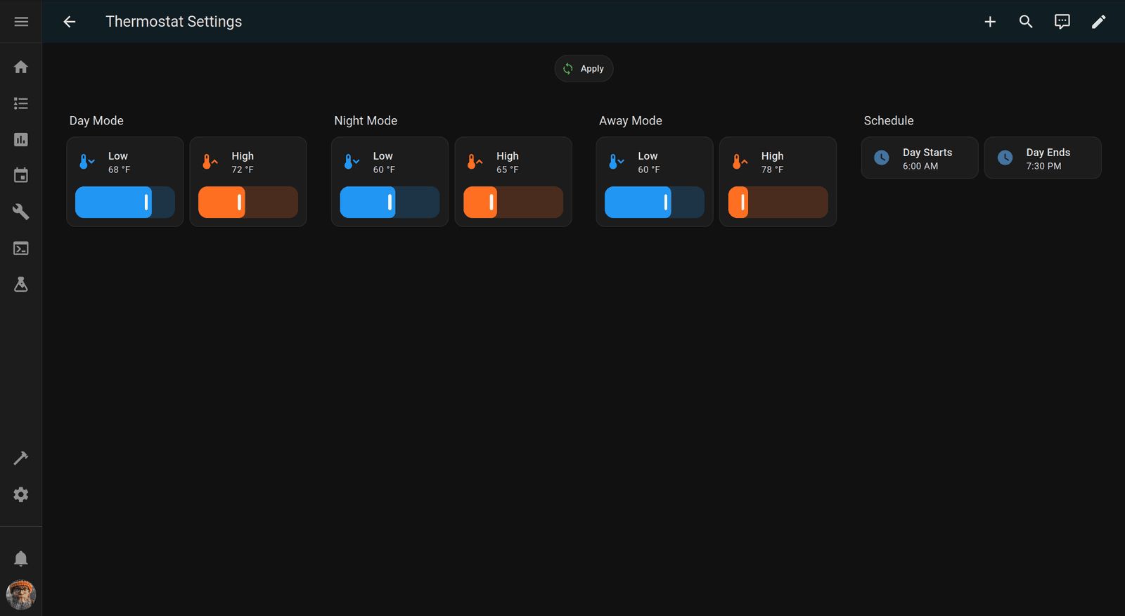 Thermostat settings dashboard showing temperature sliders for day, night, and away modes with low and high setpoints, and day start and end schedule times