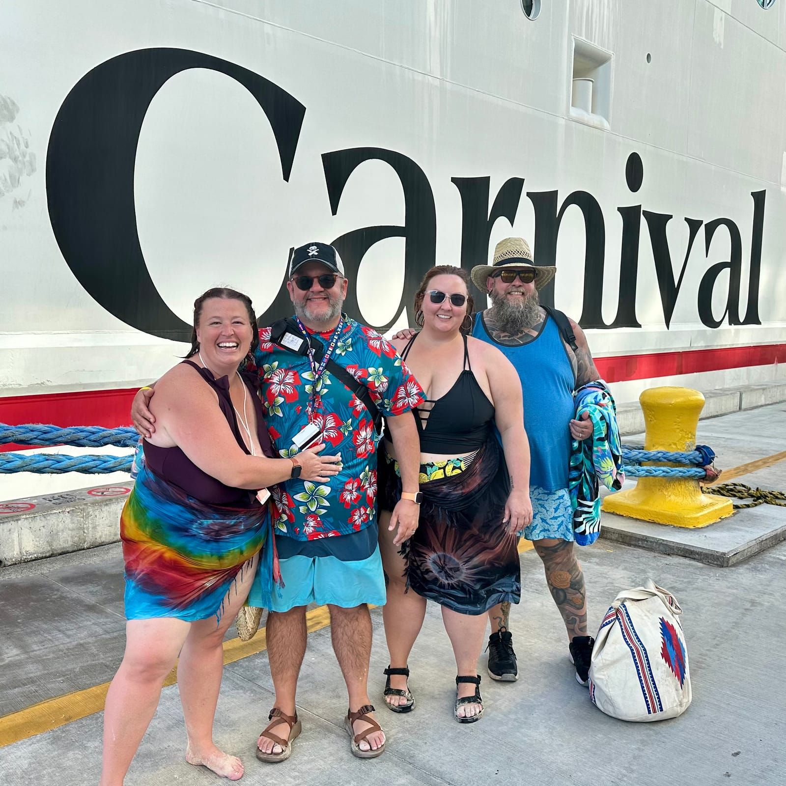 Photo of the tired and tipsy group back at the ship.