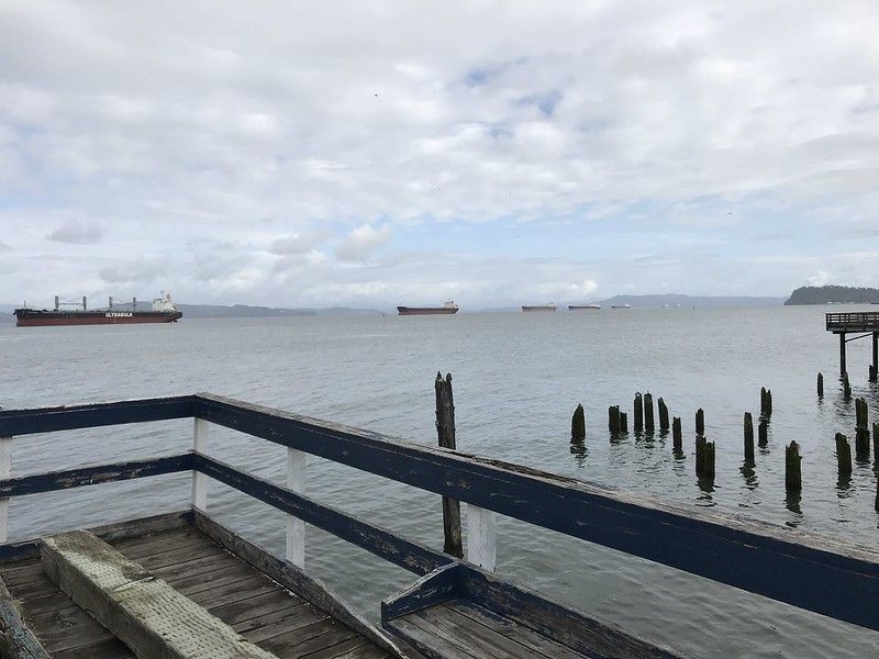 Photo of the bay from a dock with container ships sitting anchored.