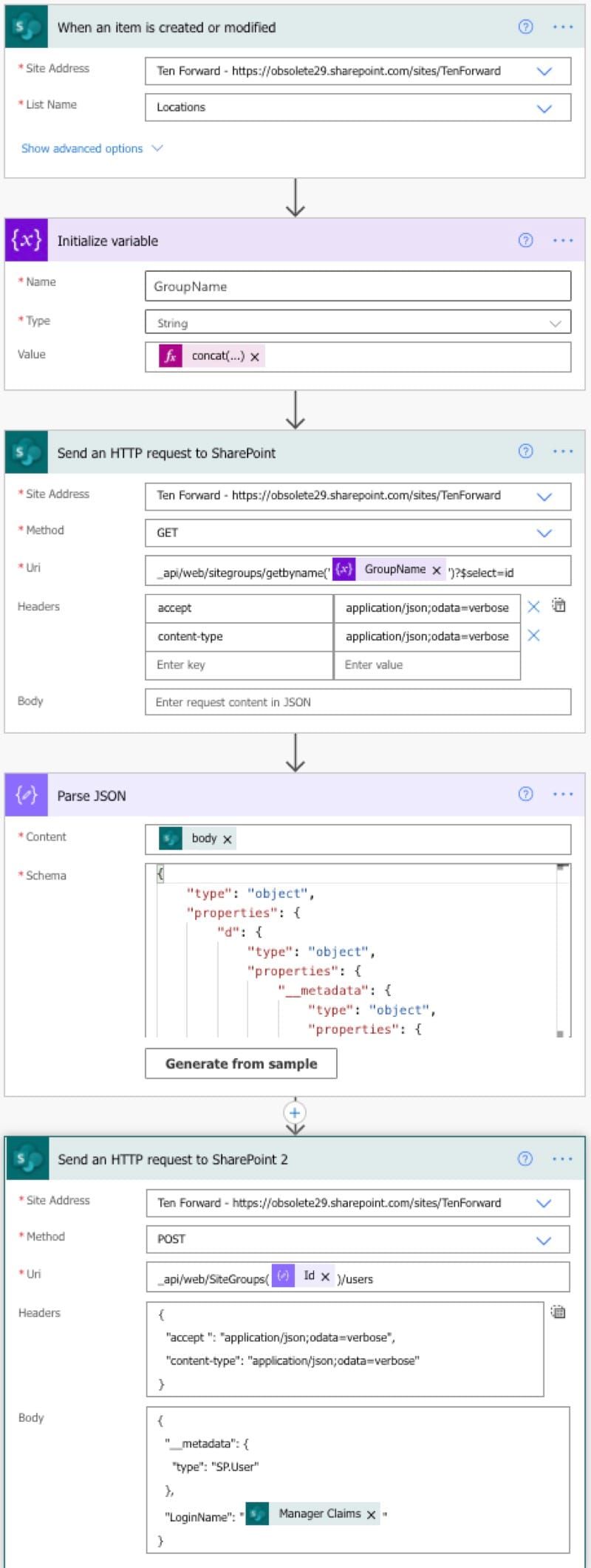 Screenshot of the full Power Automate Flow in the Power Automate Flow console.