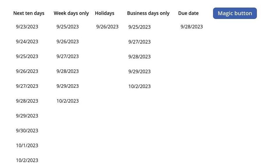 Screenshot of a Power Apps gallery showign ten dates in a row.