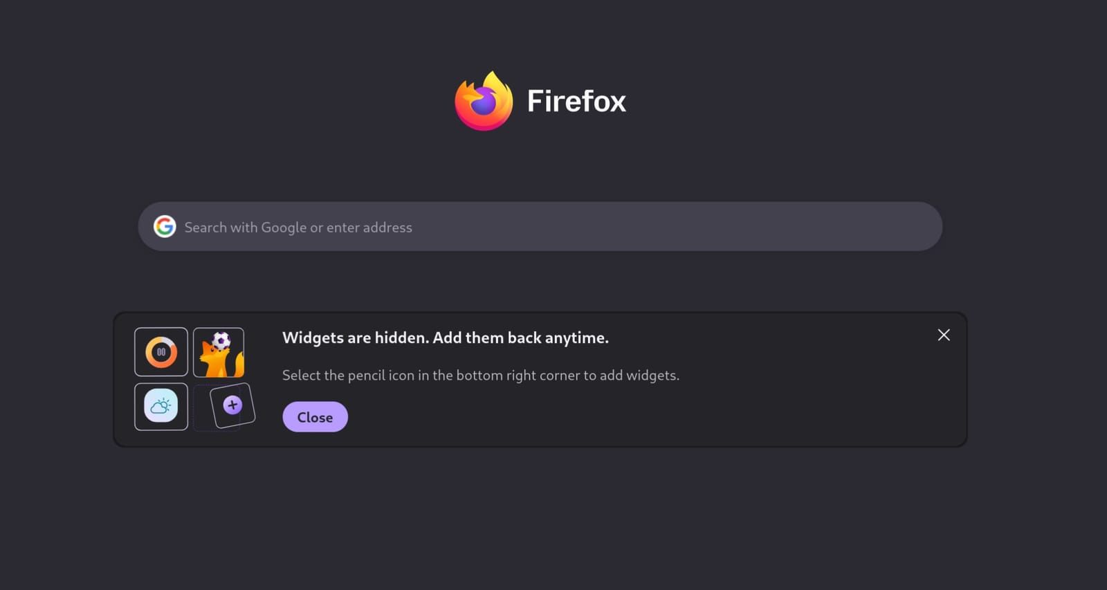 Firefox browser home page with a search bar and a notification popup stating 