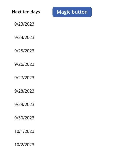 Screenshot of a Power Apps gallery showing ten dates in a row.