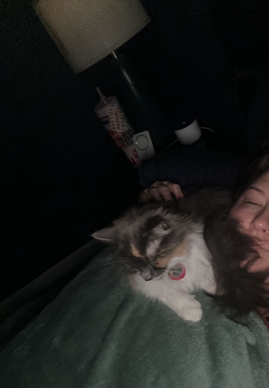 Polly snuggled against Rachelle in a dimly lit bedroom