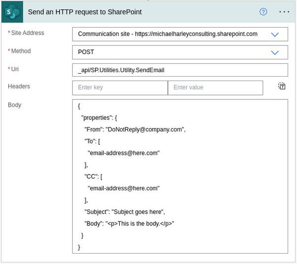 Screen shot of Power Automate HTTP function.