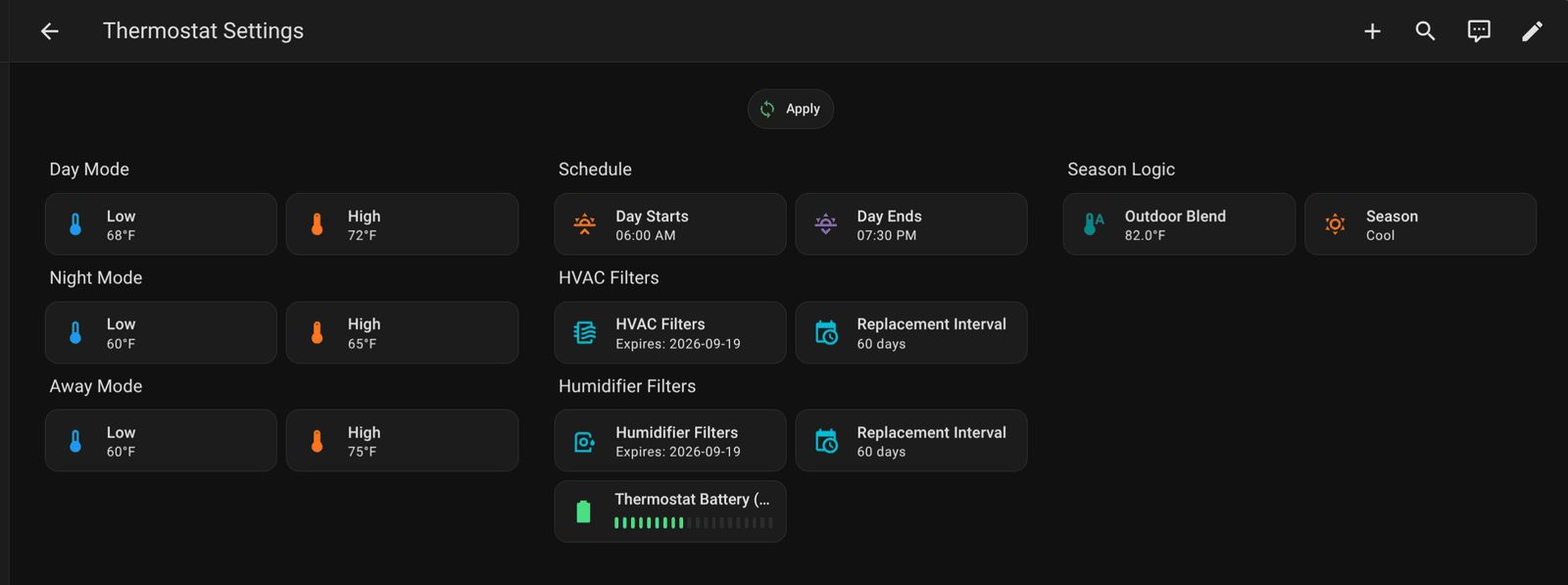 Thermostat Settings screen showing temperature modes, schedule, HVAC maintenance information, and battery status. Left panel displays Day Mode (68-72°F), Night Mode (60-65°F), and Away Mode (60-75°F) settings. Center shows daily schedule from 6:00 AM to 7:30 PM, HVAC and humidifier filter expiration dates of 2026-09-19 with 60-day replacement intervals. Right panel indicates outdoor blend temperature of 82.0°F, cool season logic, and thermostat battery level at full capacity.