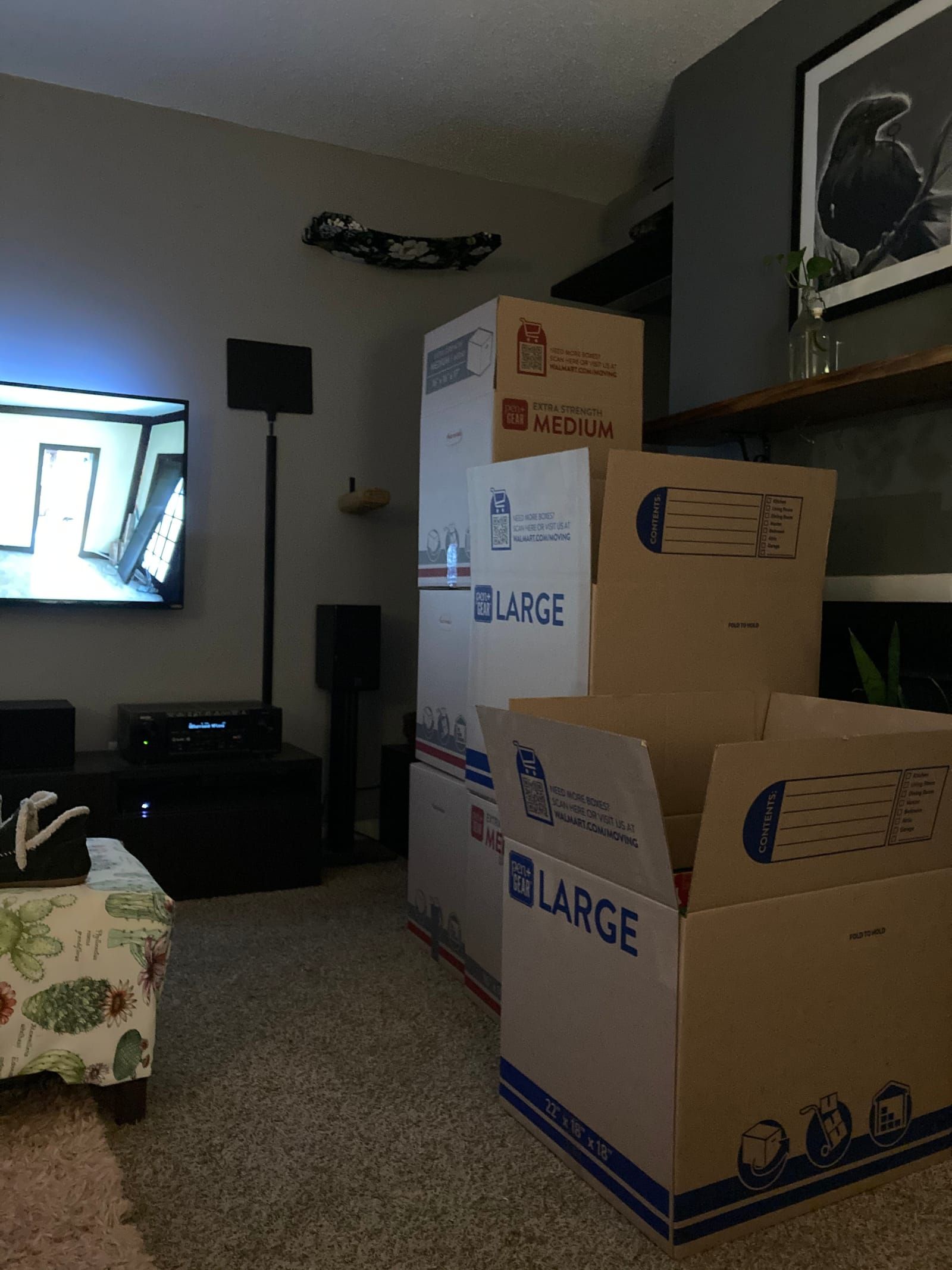 Empty moving boxes in the living room in preparation for our move to the new house.