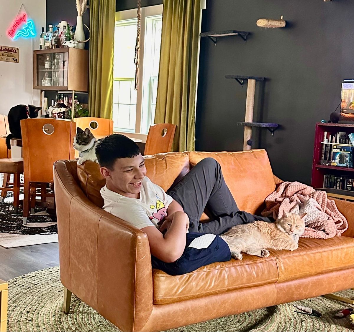 Mac lounging on the couch with a family member