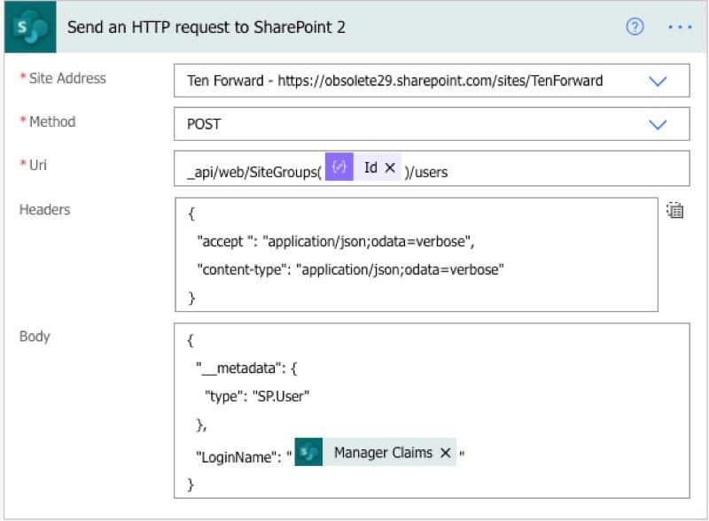 Screenshot of a Send an HTTP request to SharePoint action in the Power Automate console.