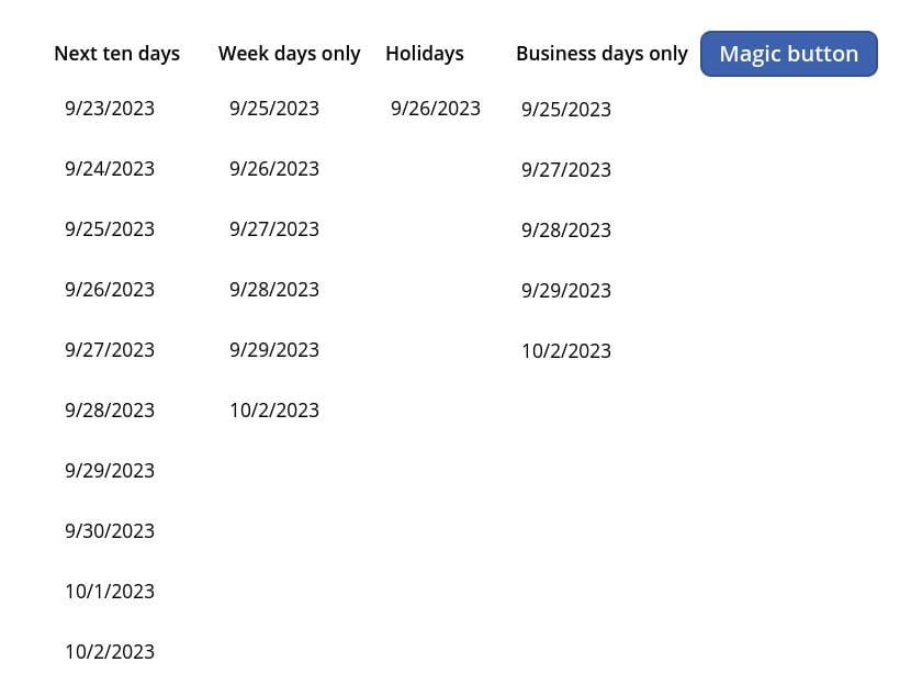 Screenshot of a Power Apps gallery showing ten dates in a row.