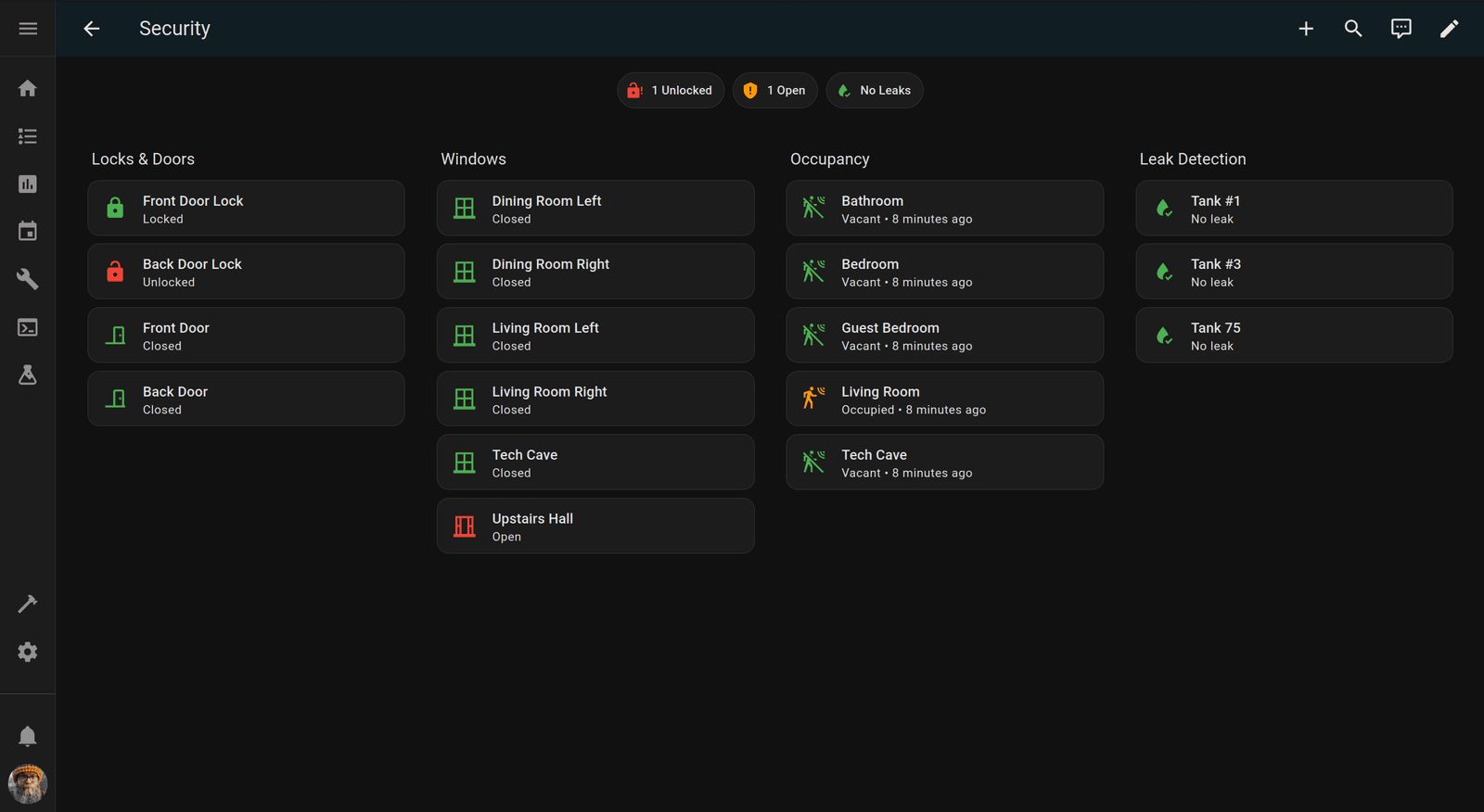 Security dashboard showing locks and doors status, window contact sensors, room occupancy from motion sensors, and aquarium leak detection sensors