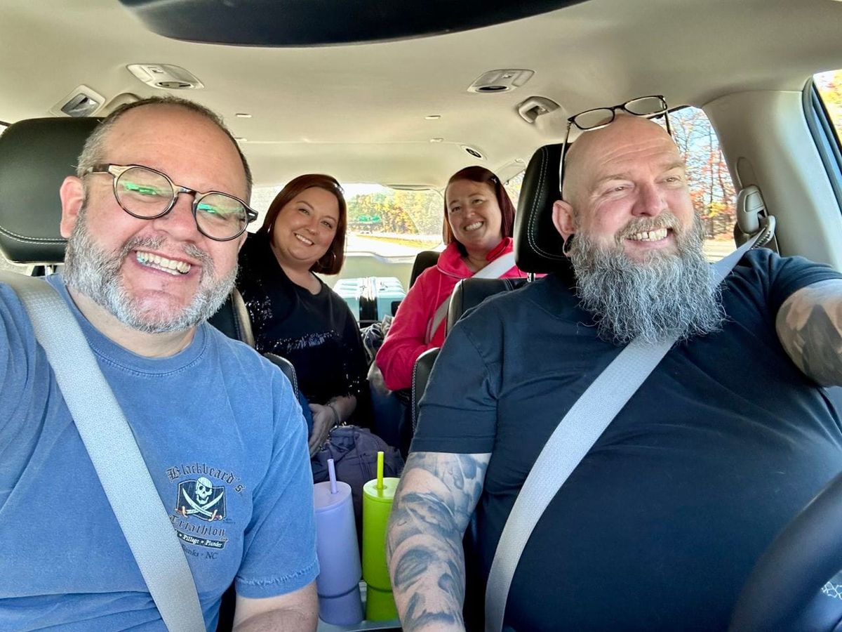 Selfe showing Kevin, Mike, Rachelle and Tess going on a road trip in the minivan.