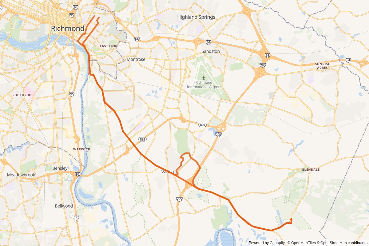 Route map of a 35 mile ride around Richmond, VA.