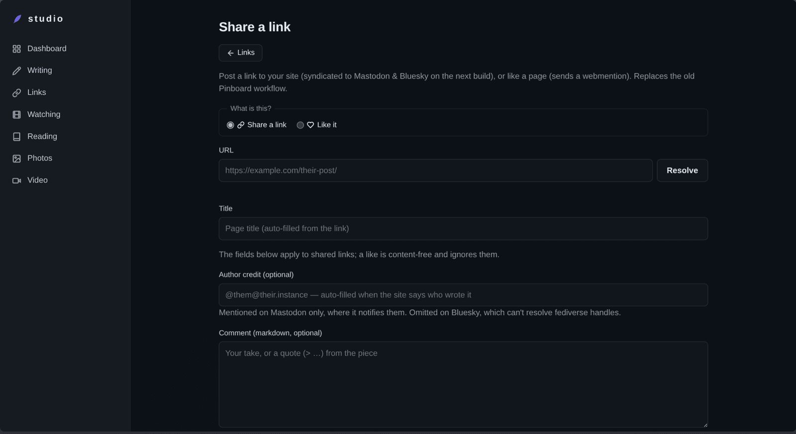 A dark-themed form interface for sharing a link in a studio application. The form includes fields for URL, title, author credit, and optional comment, with 'Share a link' and 'Like it' options at the top.