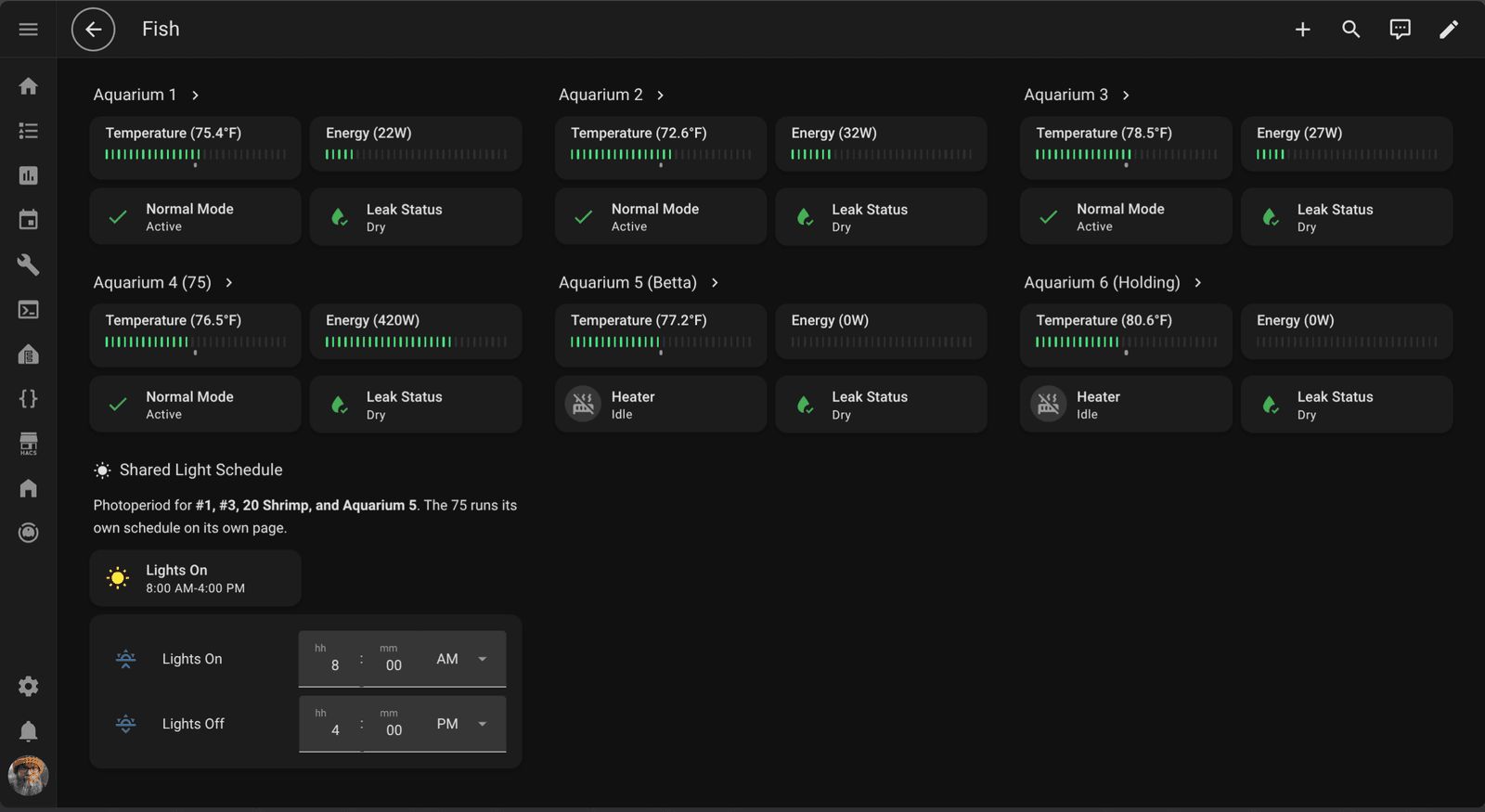 Dashboard displaying status of six aquariums with temperature and energy readings, operational modes, leak status, and a shared light schedule showing lights on from 8:00 AM to 4:00 PM.
