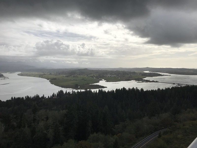 The bay from the top of Astoria Column. Weather is dark and stormy.