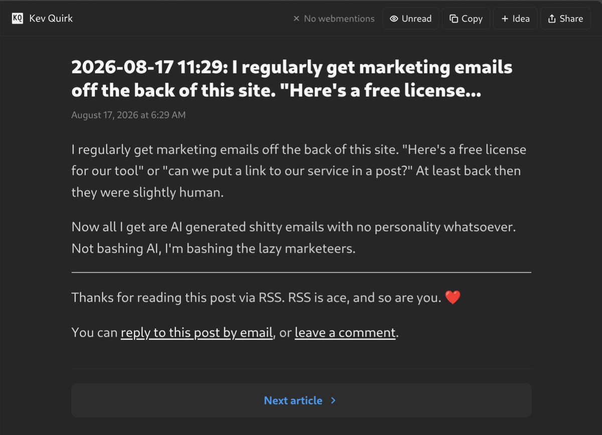 A blog post by Kev Quirk dated August 17, 2026, complaining about receiving impersonal AI-generated marketing emails instead of the more human touch from previous outreach attempts, concluding with a note about RSS feeds and options to reply by email or leave a comment.