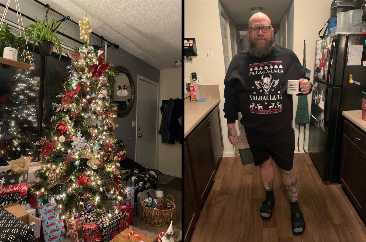 Two photo collage of Mike holding his world's okest viking mug and a viking ugly christmas sweater. Photo two is the Christmast tree.