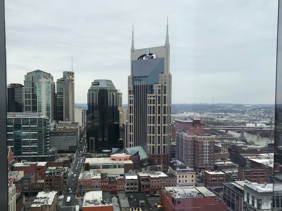 The Batman building from the vantage of the Bridgestone building in downtown Nashville. Overcast.