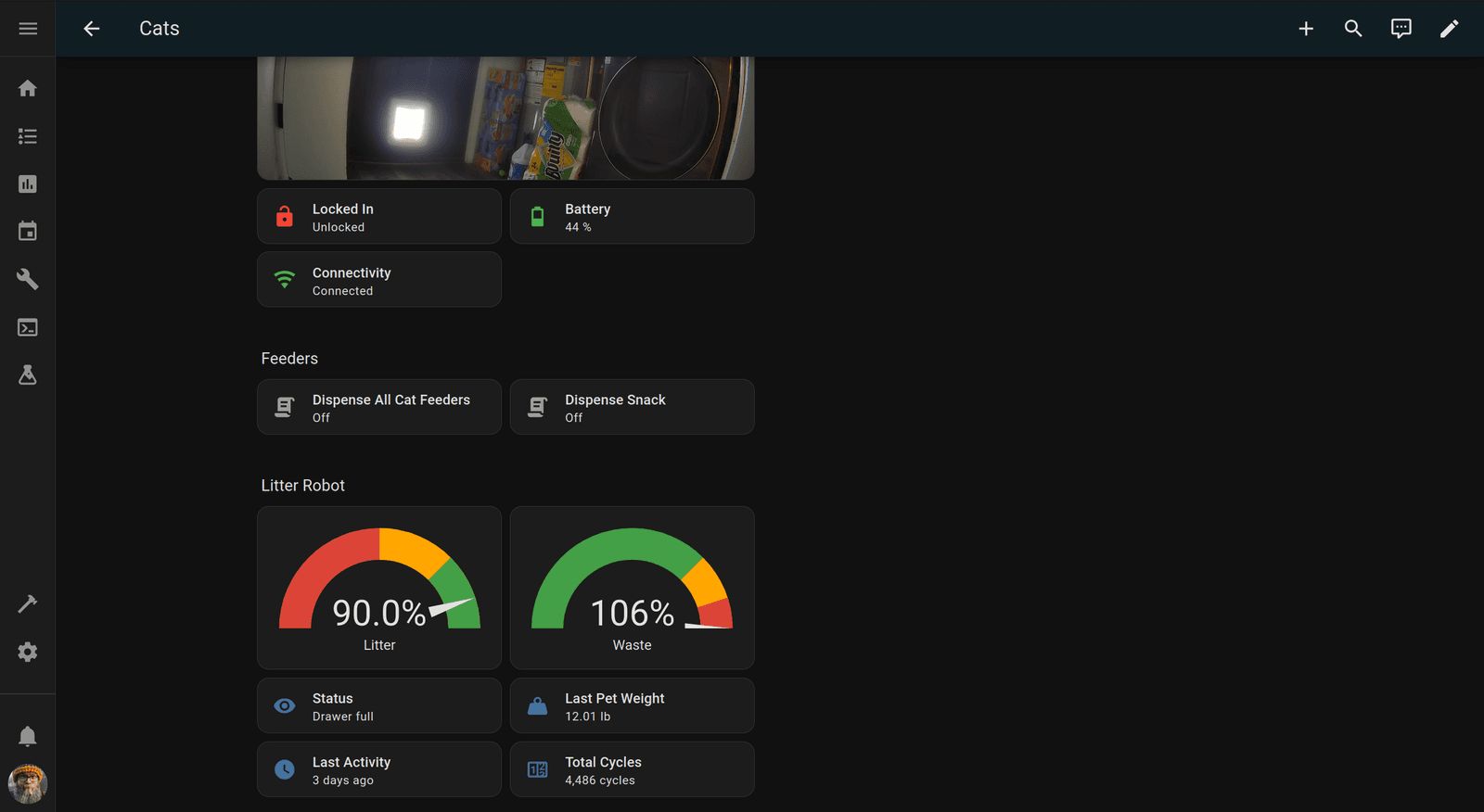 Cats dashboard continued showing cat feeder dispense buttons and Litter-Robot gauges for litter and waste levels, status, last pet weight, and cycle count