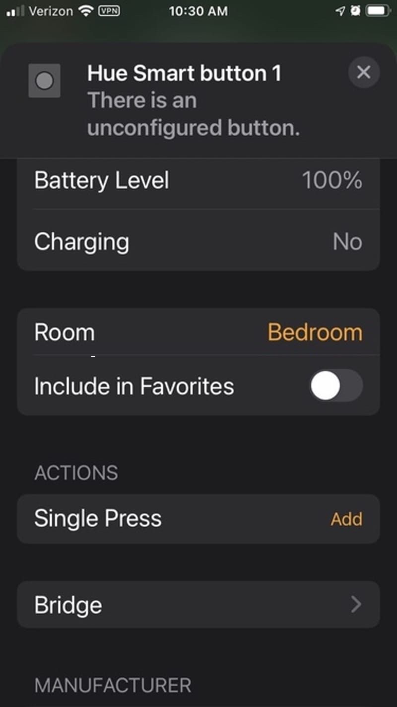 Screenshot of HomeKit app configuration for a smart button.