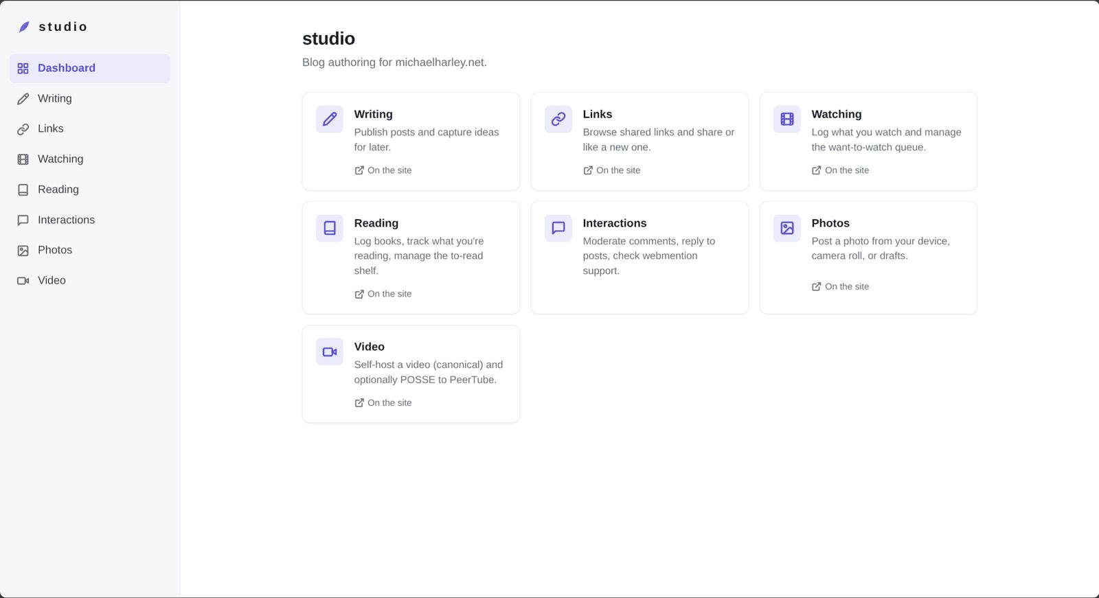 Screenshot of a studio dashboard for michaelharley.net showing a grid of content management features including Writing, Links, Watching, Reading, Interactions, Photos, and Video, each with descriptions and 'On the site' links.