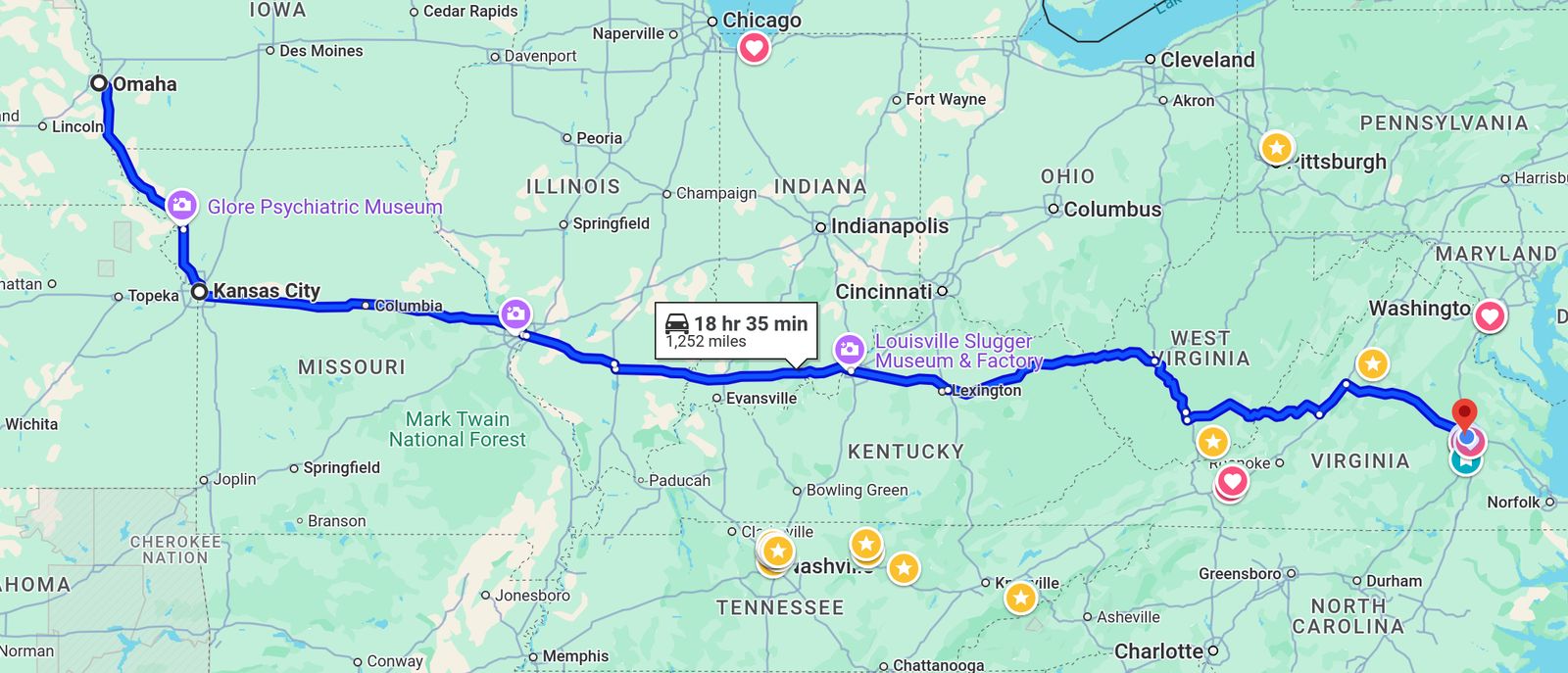 Google maps screenshot of the route form Omaha NE to Richmond VA.