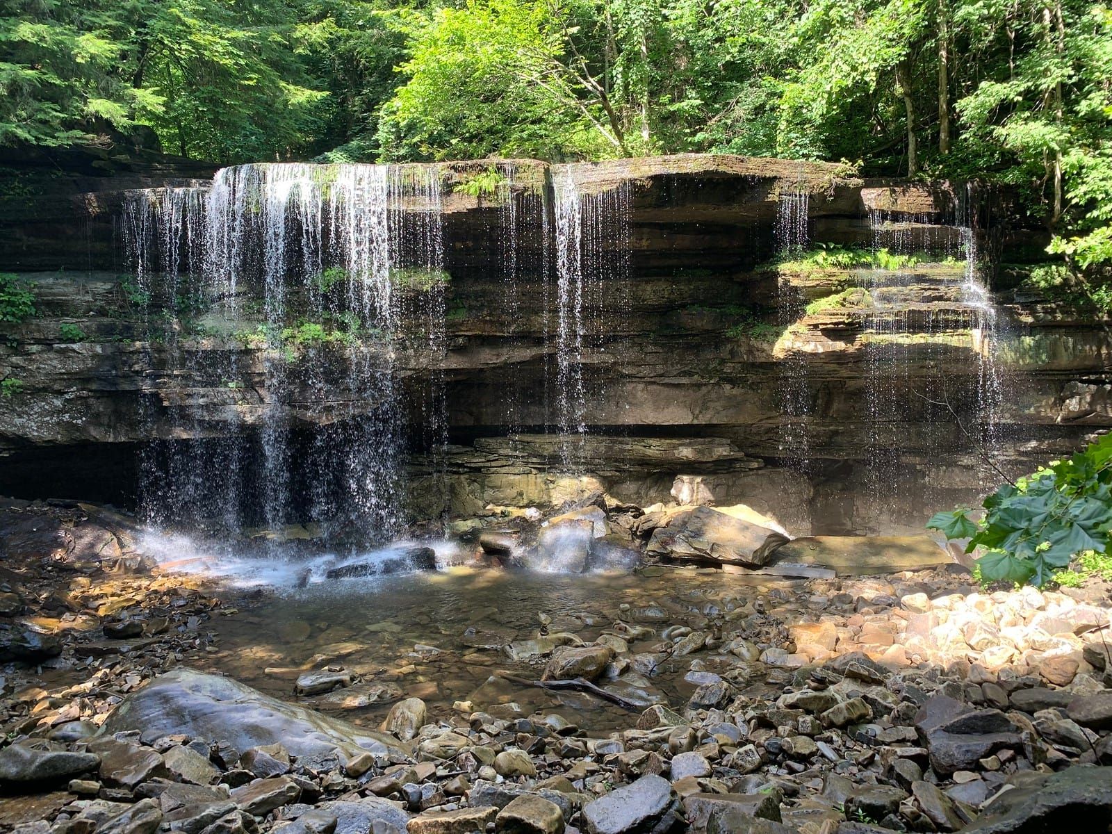 A low volume waterfall empting into a rocky pool.
