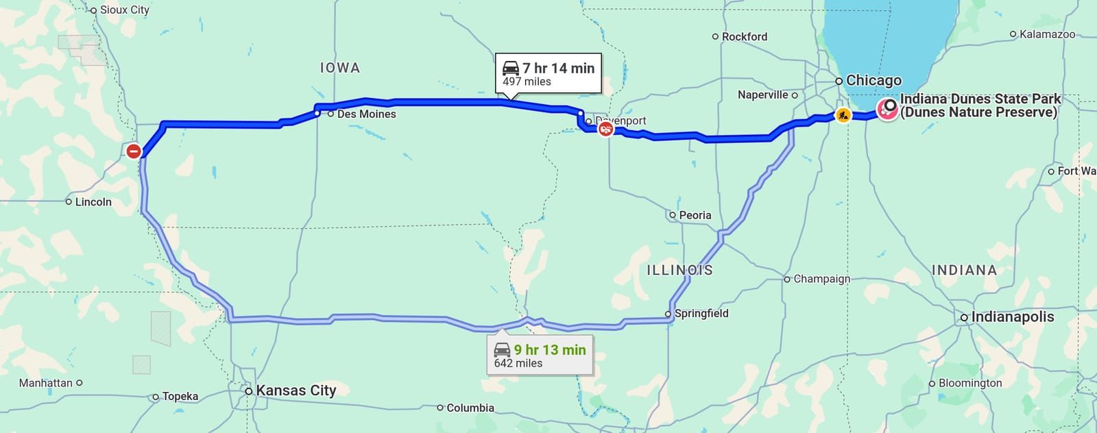 Screenshot of Google maps route from Indian Dunes State Park to Omaha, NE. 7h 14mins, 497 miles.