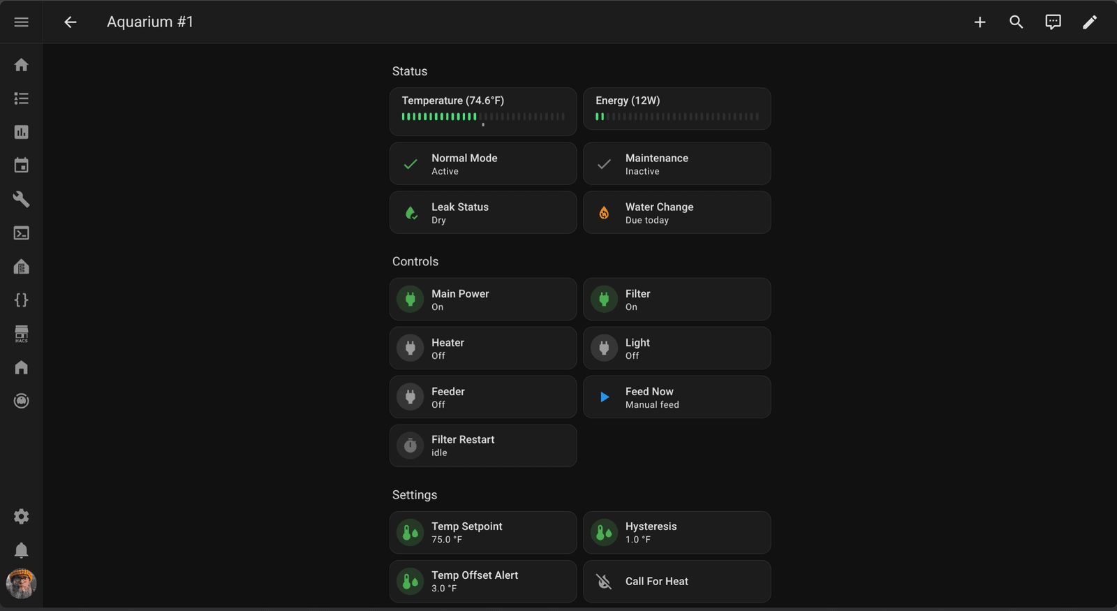 Dashboard for Aquarium #1 showing status indicators including temperature at 74.6°F, energy at 12W, and various system controls like main power, filter, heater, and light switches, along with settings for temperature setpoint and hysteresis levels.