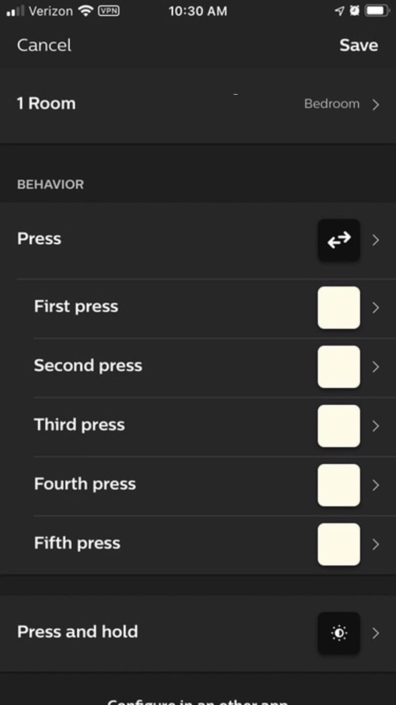 Screenshot of Hue app configuration for a smart button.