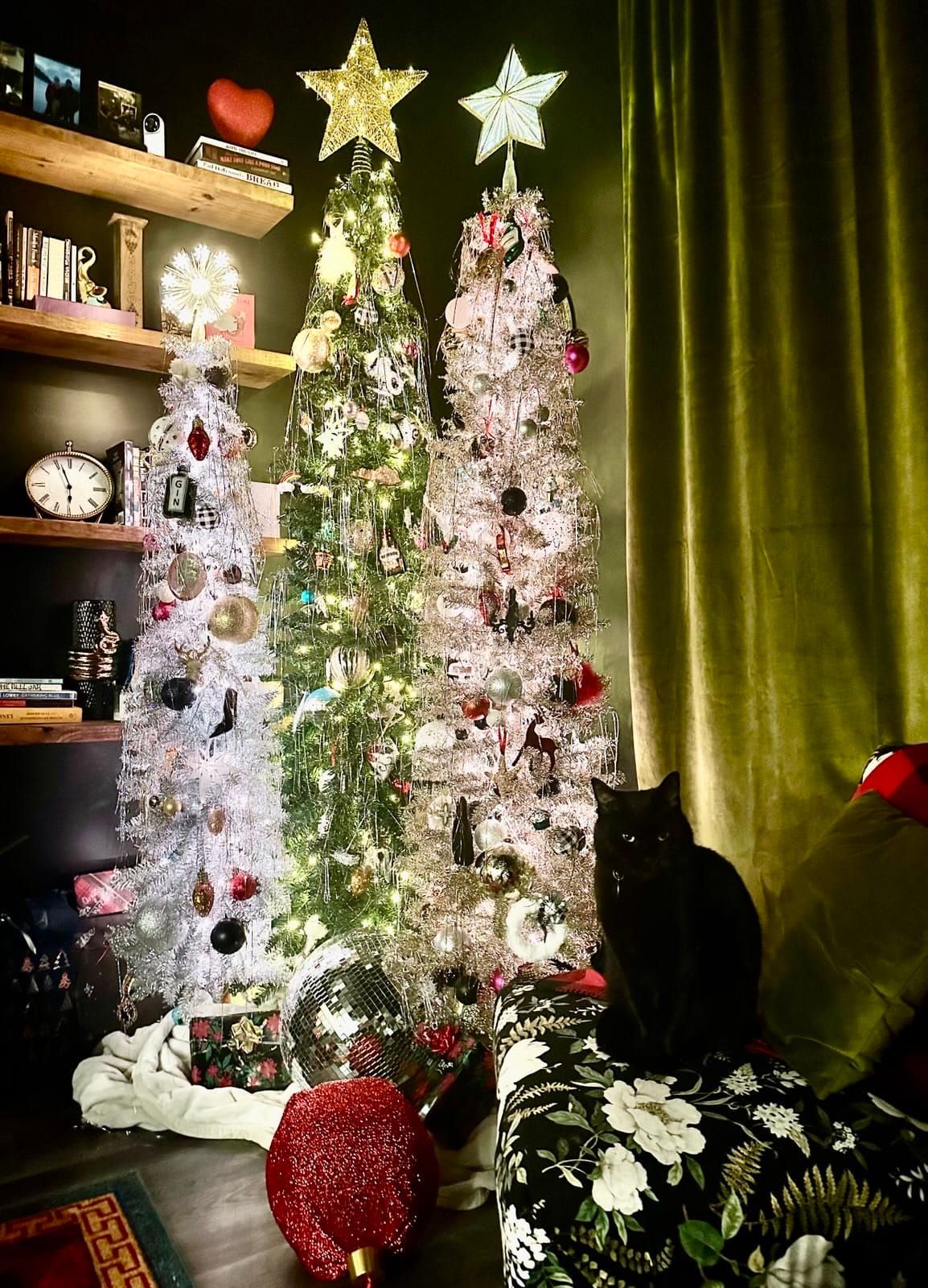 A black cat sitting on a foot stool, in front of three color set of Christmas trees.