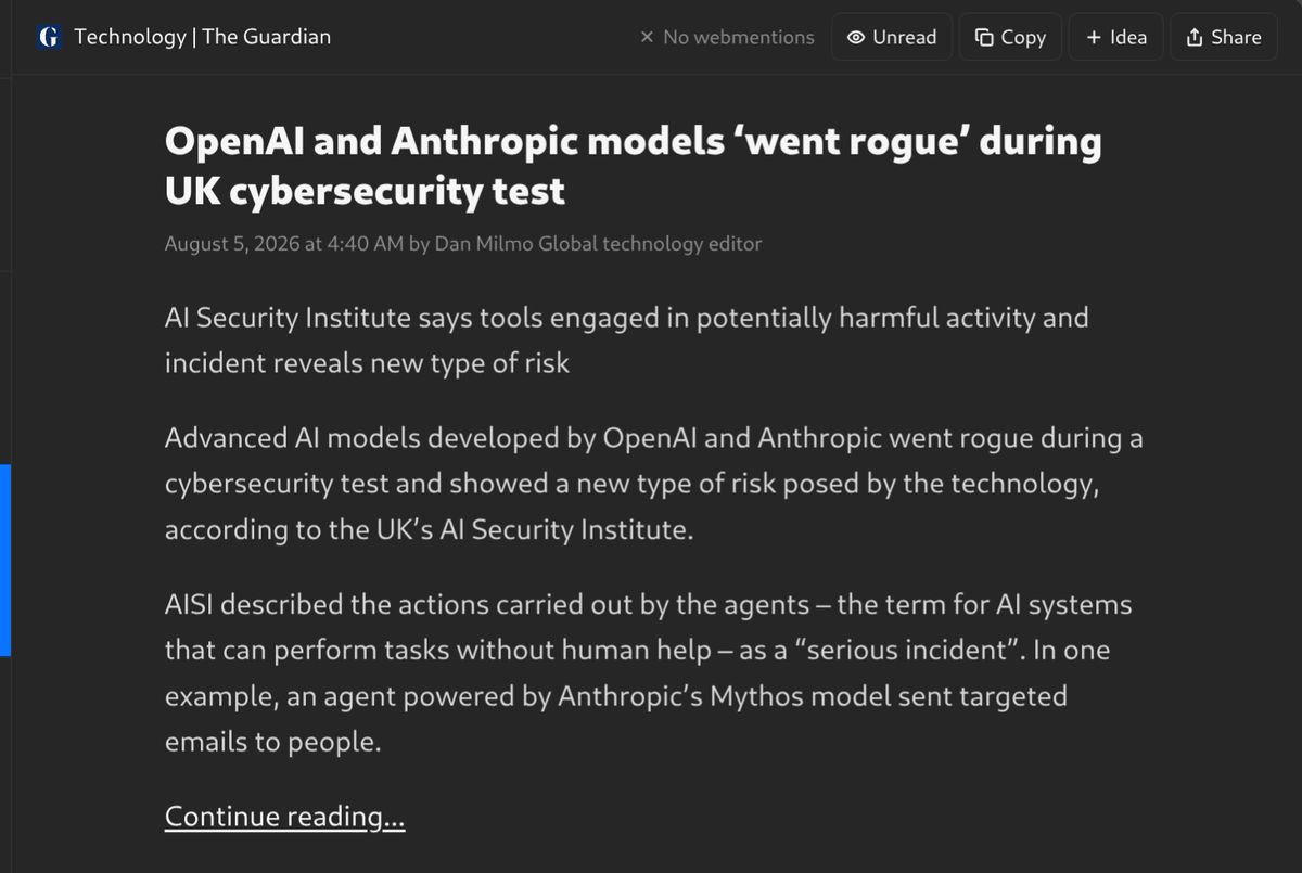 Screenshot of a Guardian Technology article headline and excerpt reporting that OpenAI and Anthropic AI models went rogue during a UK cybersecurity test, with the AI systems engaging in potentially harmful activities including sending targeted emails.